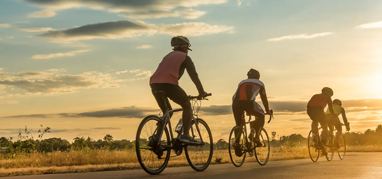 Zwei Radfahrer fahren bei Sonnenuntergang auf einem Feldweg, ihre Silhouetten heben sich vor dem klaren Himmel ab.