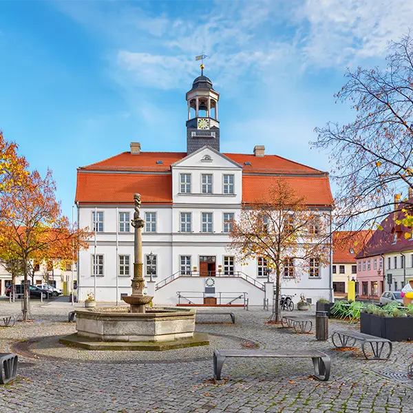 Historisches Gebäude mit Uhrturm auf einem gepflasterten Platz mit Brunnen und Bäumen im Herbst.