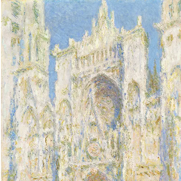 Impressionistisches Gemälde einer gotischen Kathedrale, die in hellem Licht erscheint. Die Fassade ist detailliert, aber weich gezeichnet, mit hellen Farbtönen von Beige, Blau und Weiß, die einen verträumten Eindruck vermitteln.