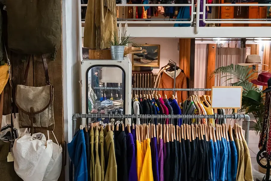 Second-Hand-Läden Leipzig mit bunter Kleidung auf Kleiderbügeln und Accessoires, darunter Hüte und Taschen, vor einem Spiegel. Im Hintergrund sind weitere Kleidungsstücke und Dekorationen auf zwei Etagen zu sehen.