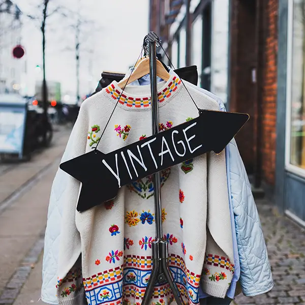 Kleiderstand steht mit Vintage Schild vor einem Second-Hand-Laden.